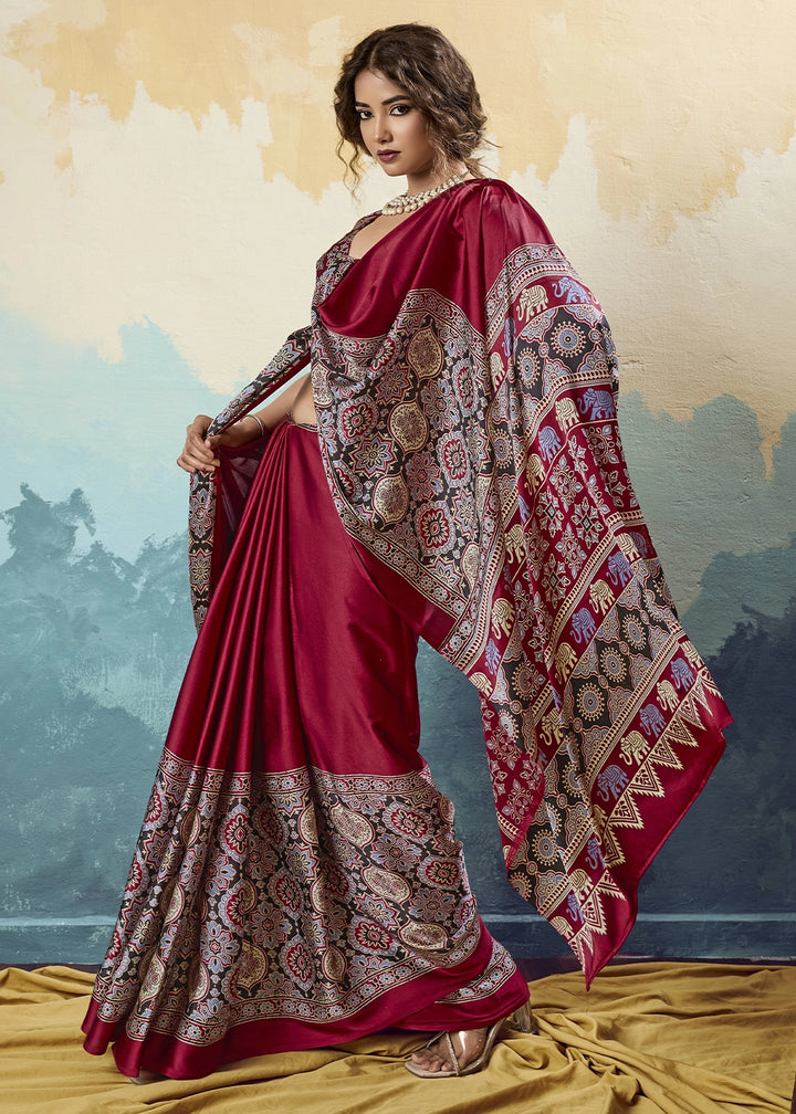 Wine Maroon Modal Satin Ajrakh Print Saree