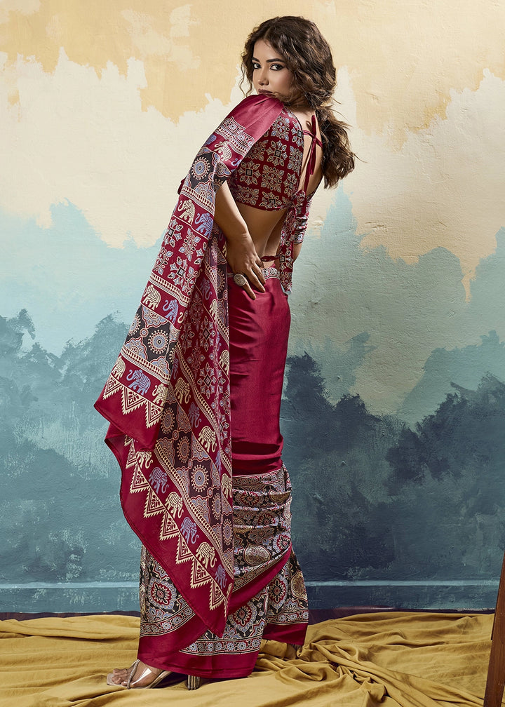 Wine Maroon Modal Satin Ajrakh Print Saree