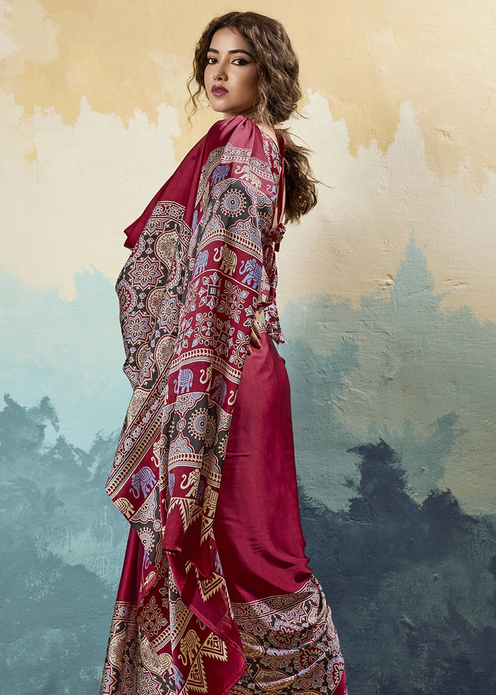 Wine Maroon Modal Satin Ajrakh Print Saree