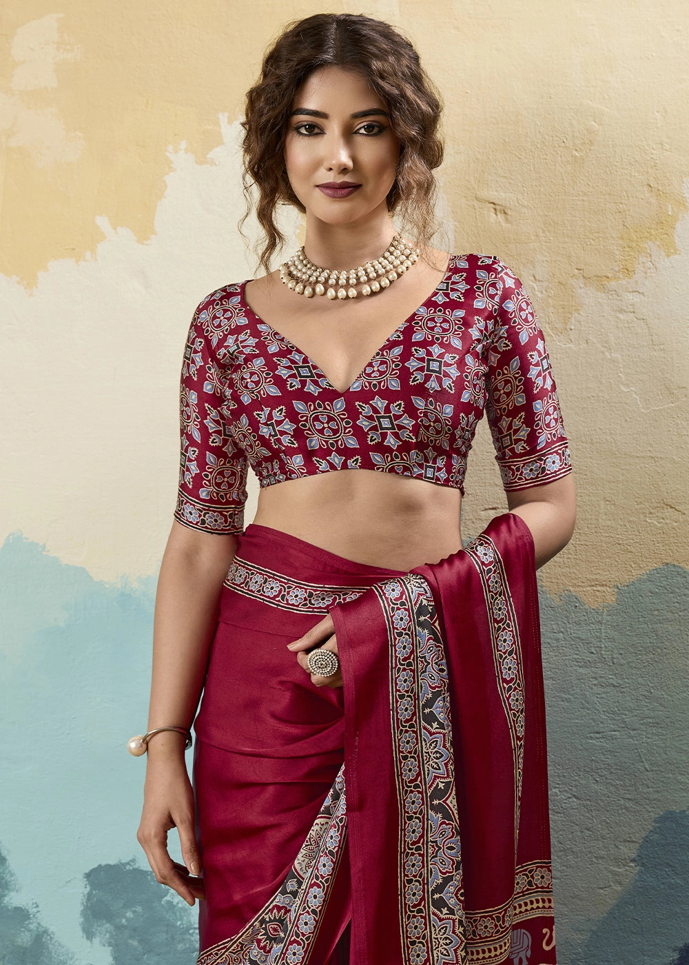 Wine Maroon Modal Satin Ajrakh Print Saree