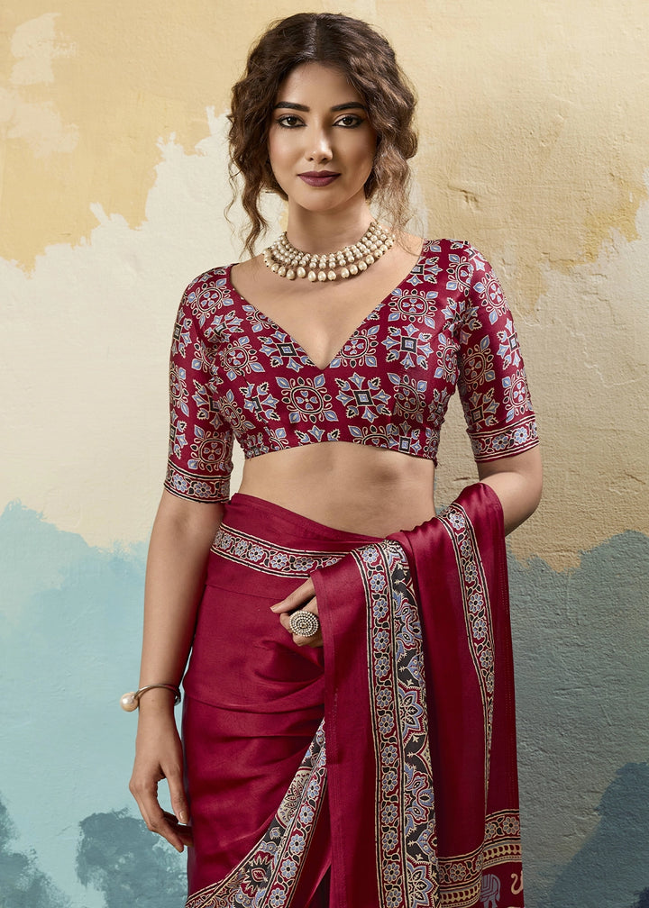 Wine Maroon Modal Satin Ajrakh Print Saree