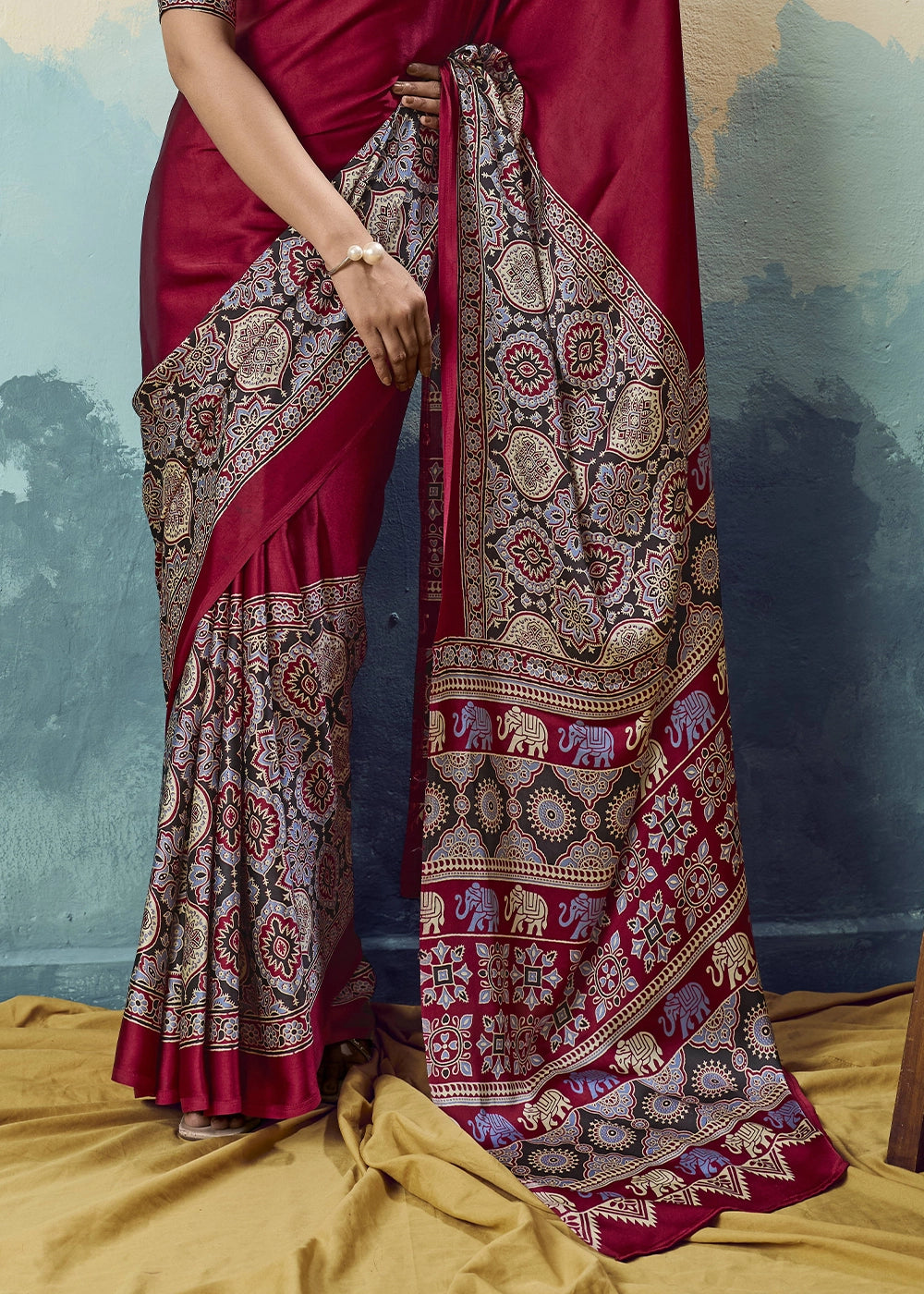 Wine Maroon Modal Satin Ajrakh Print Saree