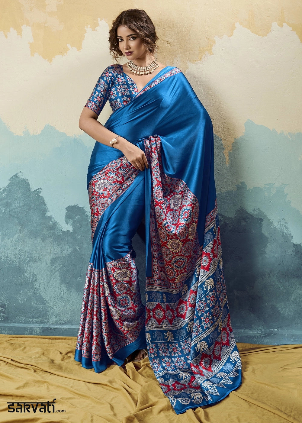 Royal Blue Modal Satin Ajrakh Print Saree