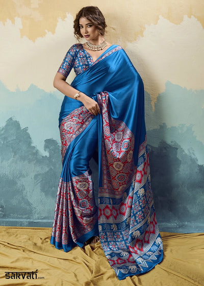 Royal Blue Modal Satin Ajrakh Print Saree