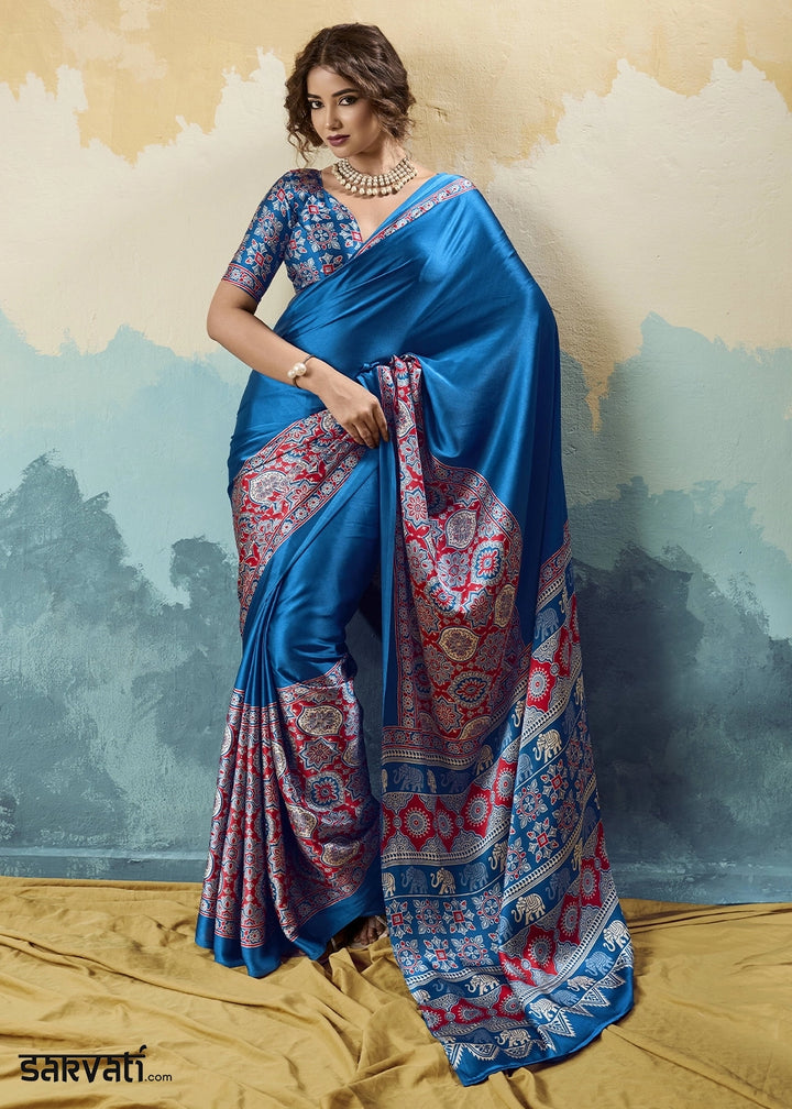 Royal Blue Modal Satin Ajrakh Print Saree