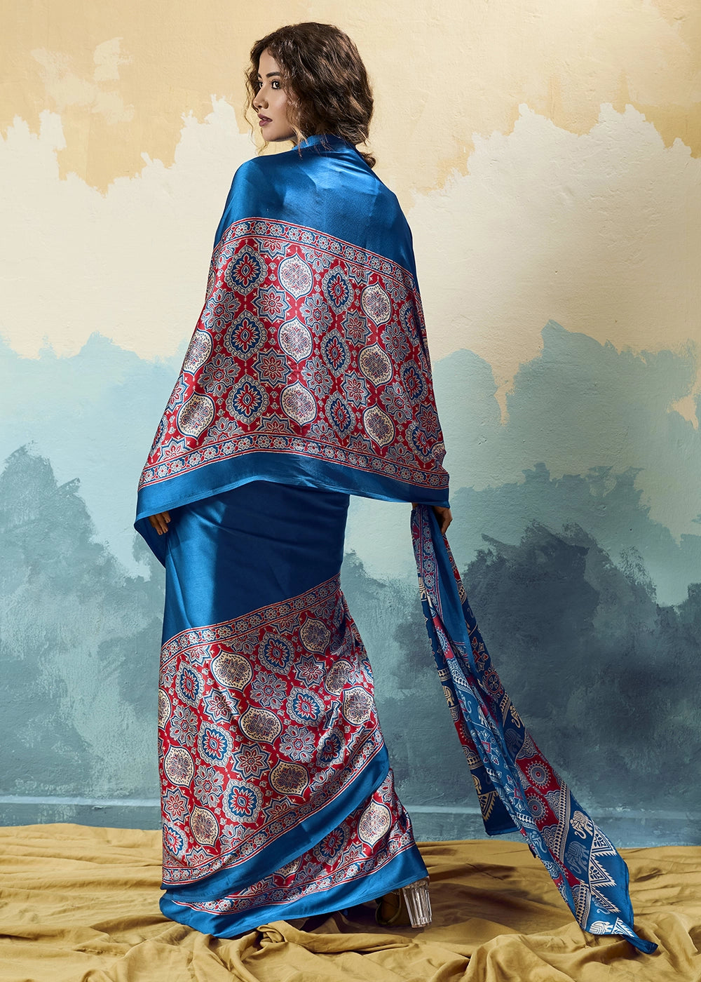 Royal Blue Modal Satin Ajrakh Print Saree