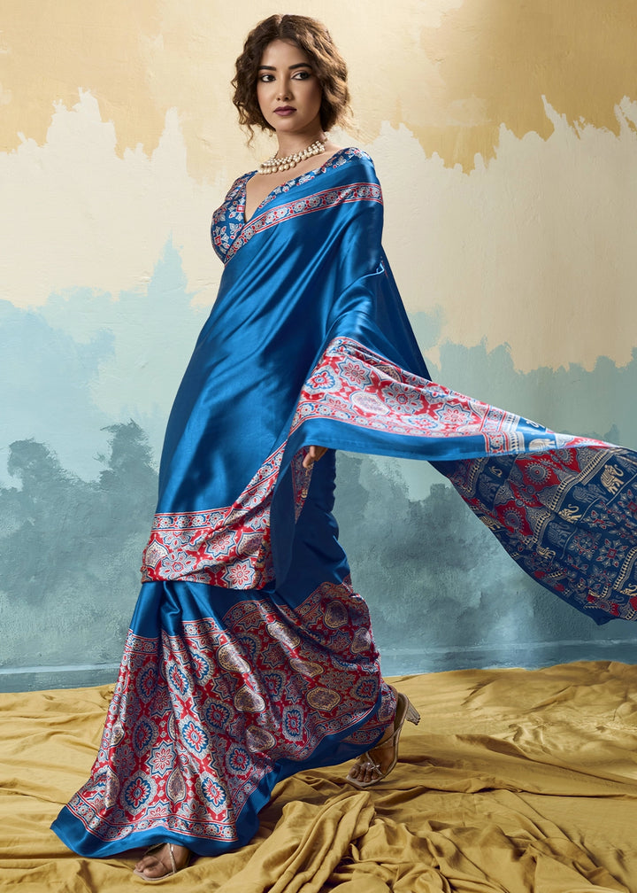 Royal Blue Modal Satin Ajrakh Print Saree