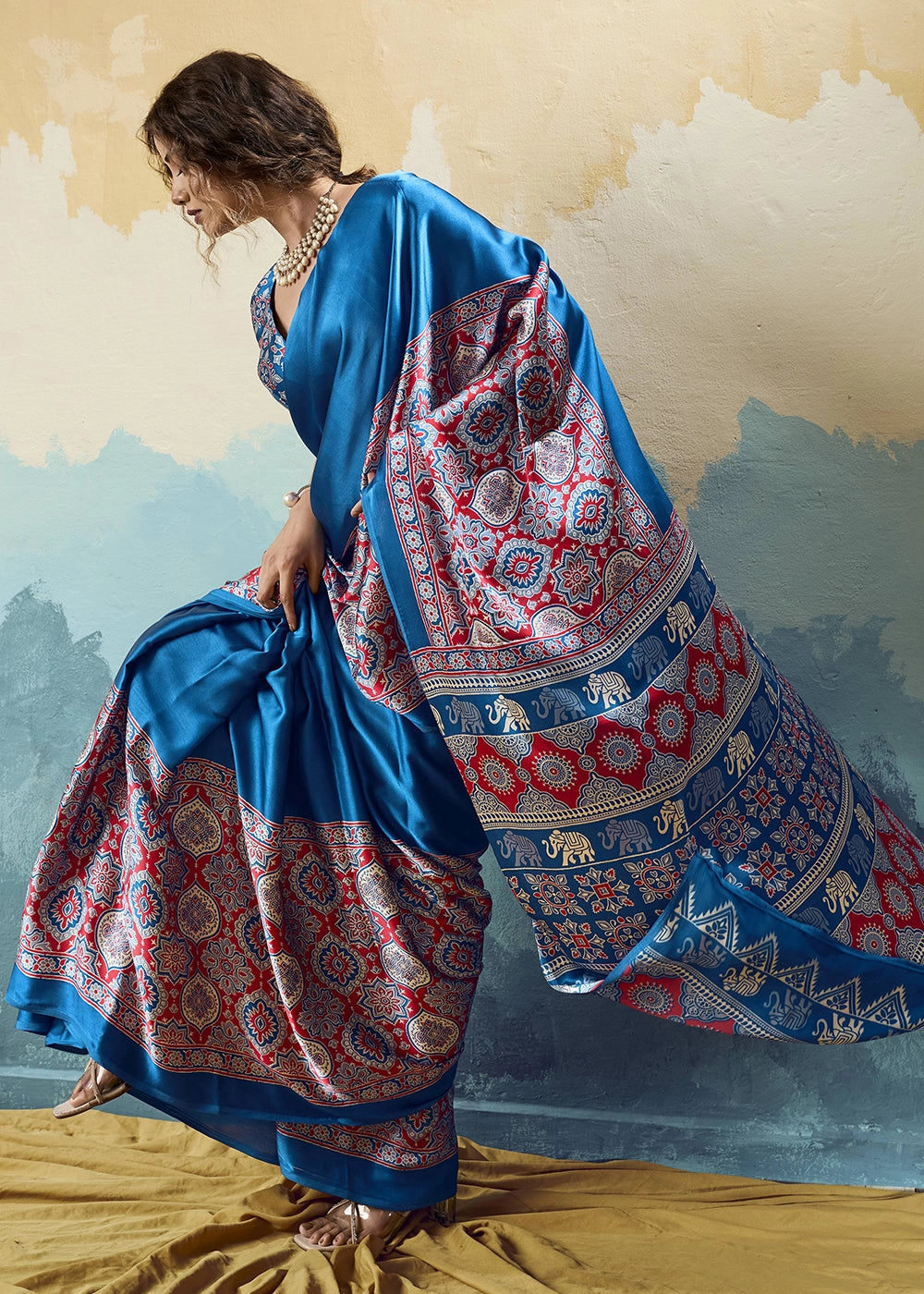 Royal Blue Modal Satin Ajrakh Print Saree