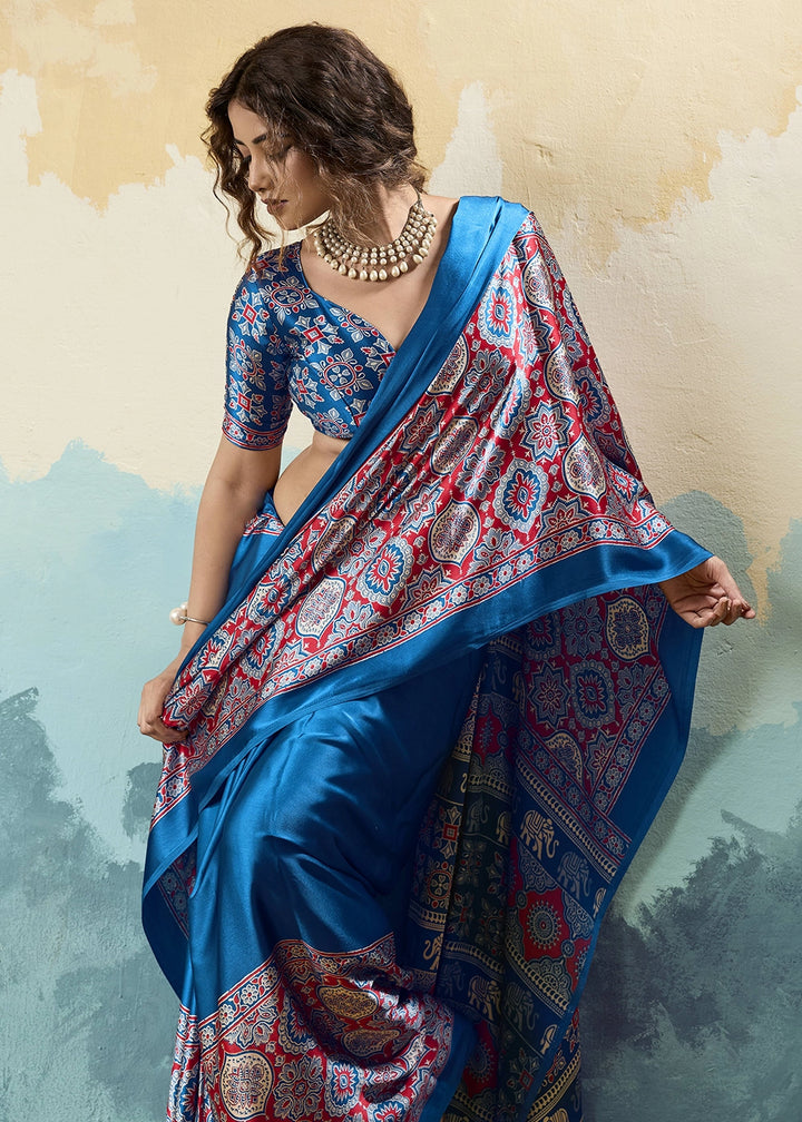 Royal Blue Modal Satin Ajrakh Print Saree