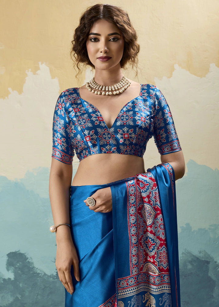 Royal Blue Modal Satin Ajrakh Print Saree