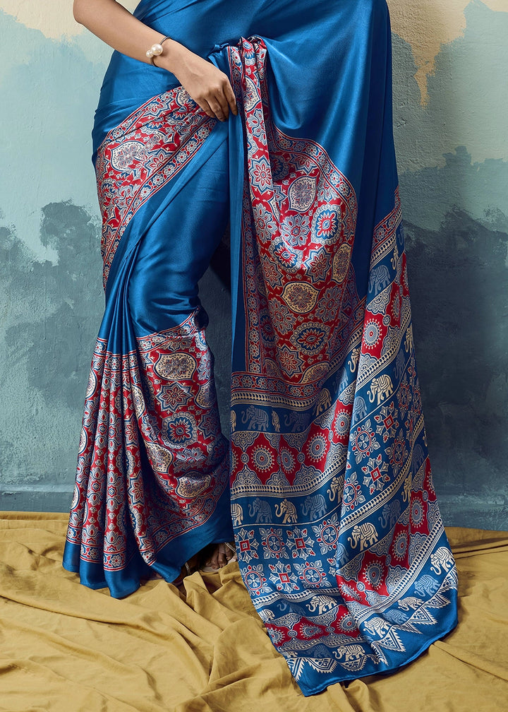 Royal Blue Modal Satin Ajrakh Print Saree