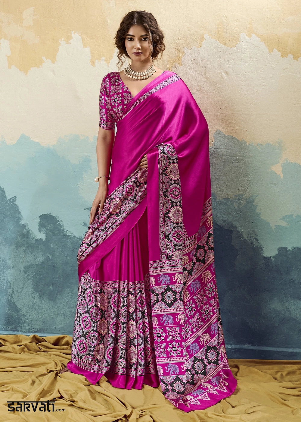 Rani Pink Modal Satin Ajrakh Print Saree