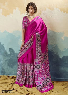 Rani Pink Modal Satin Ajrakh Print Saree