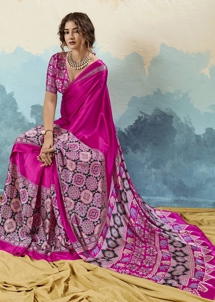 Rani Pink Modal Satin Ajrakh Print Saree