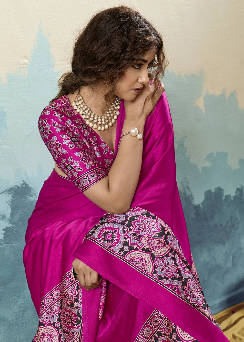 Rani Pink Modal Satin Ajrakh Print Saree