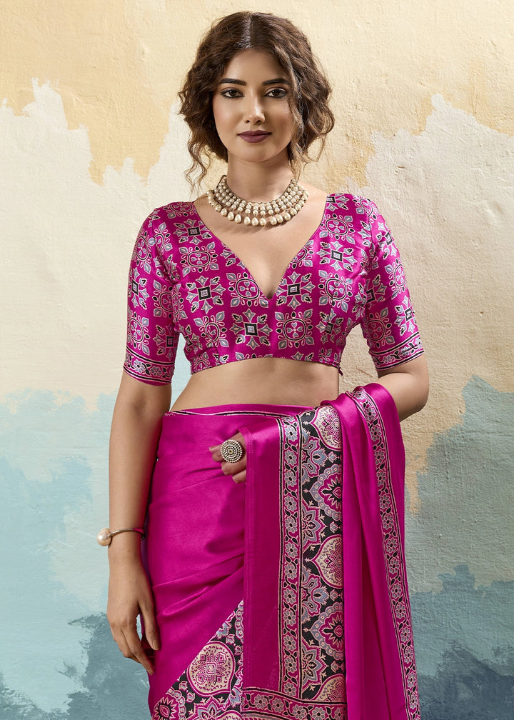 Rani Pink Modal Satin Ajrakh Print Saree