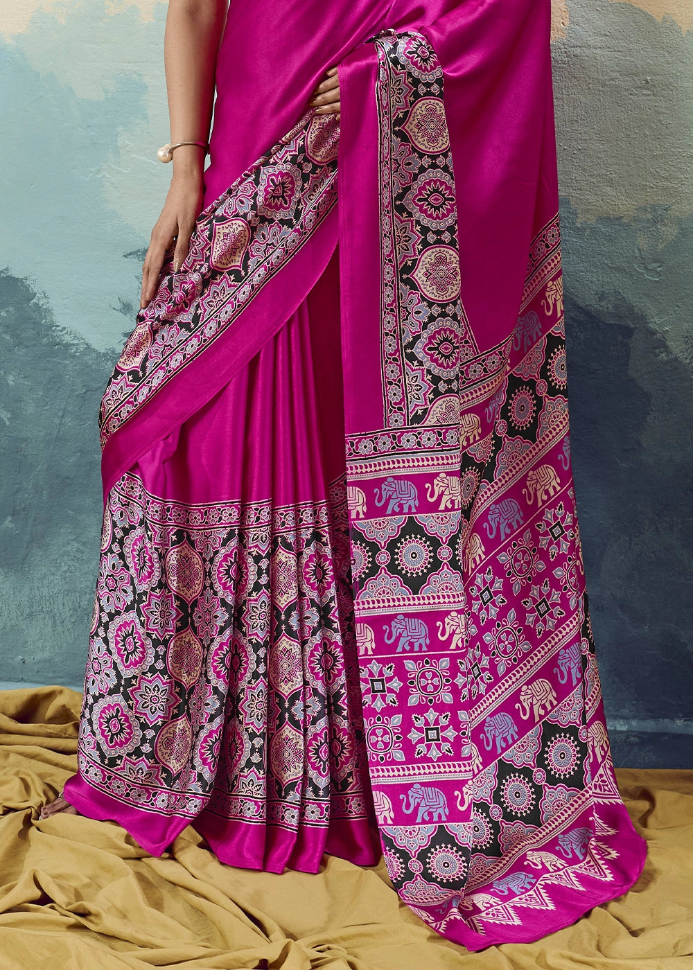 Rani Pink Modal Satin Ajrakh Print Saree