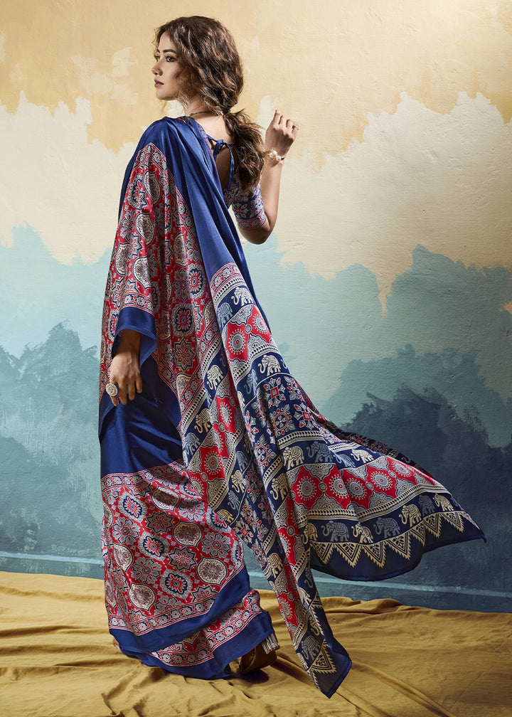 Navy Blue Modal Satin Ajrakh Print Saree