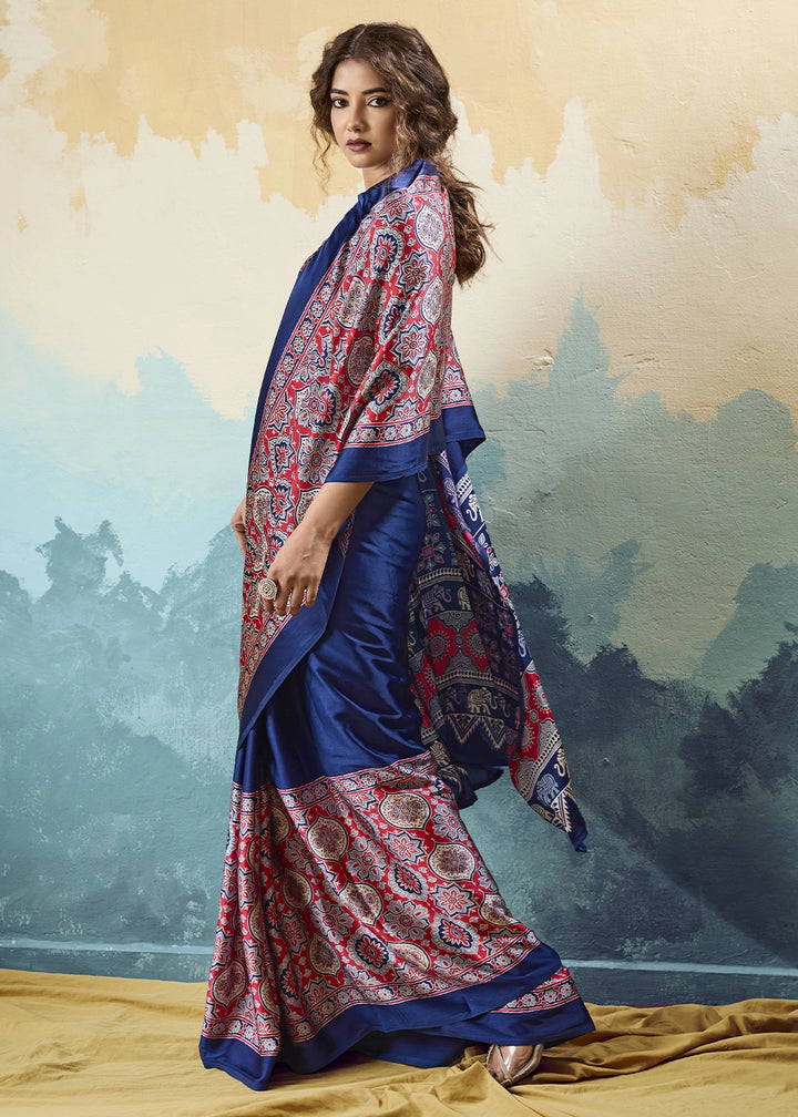 Navy Blue Modal Satin Ajrakh Print Saree