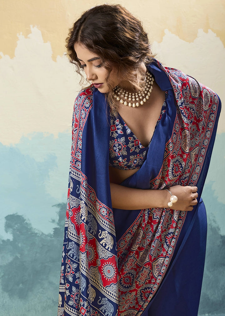 Navy Blue Modal Satin Ajrakh Print Saree