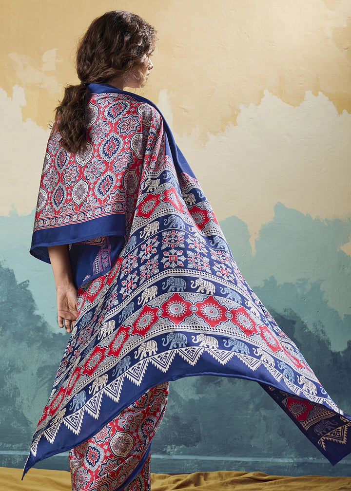 Navy Blue Modal Satin Ajrakh Print Saree