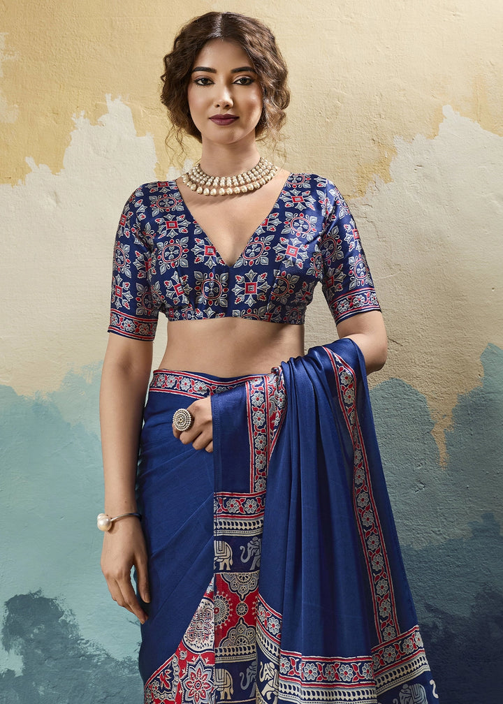 Navy Blue Modal Satin Ajrakh Print Saree