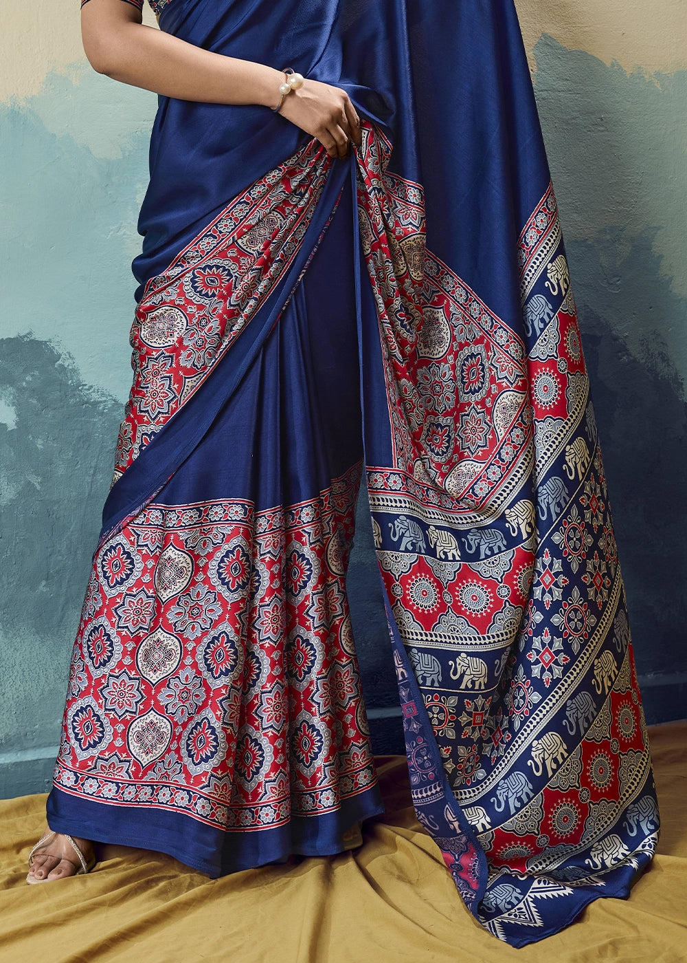 Navy Blue Modal Satin Ajrakh Print Saree