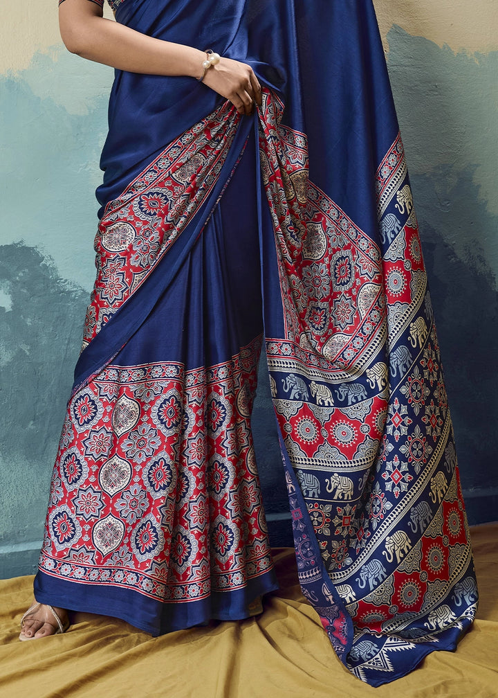 Navy Blue Modal Satin Ajrakh Print Saree