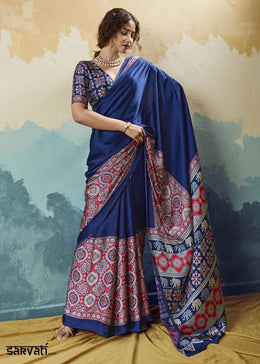 Navy Blue Modal Satin Ajrakh Print Saree