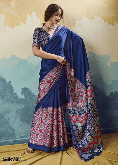 Navy Blue Modal Satin Ajrakh Print Saree