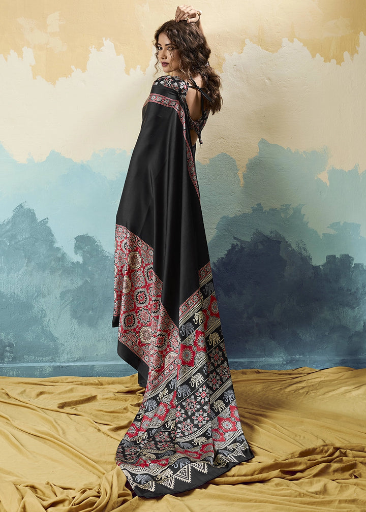 Black Modal Satin Ajrakh Print Saree