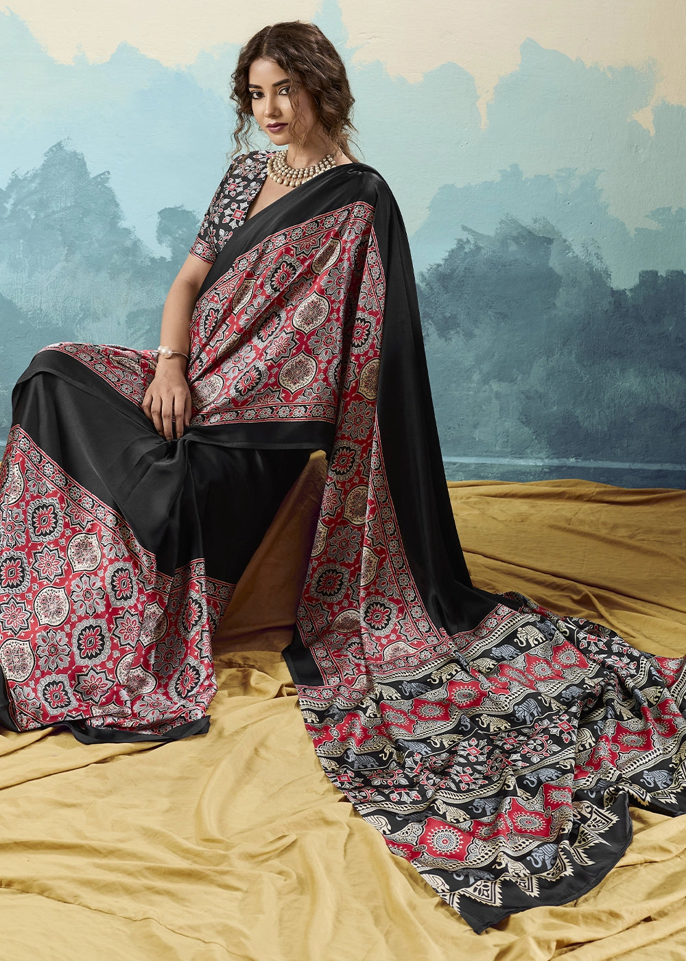 Black Modal Satin Ajrakh Print Saree