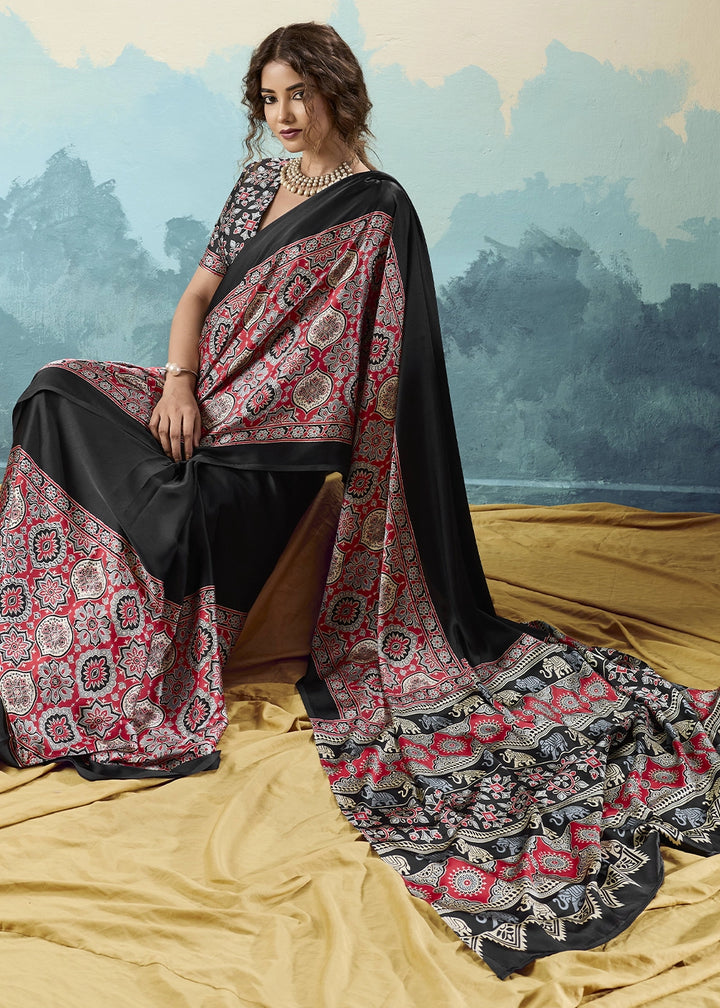 Black Modal Satin Ajrakh Print Saree