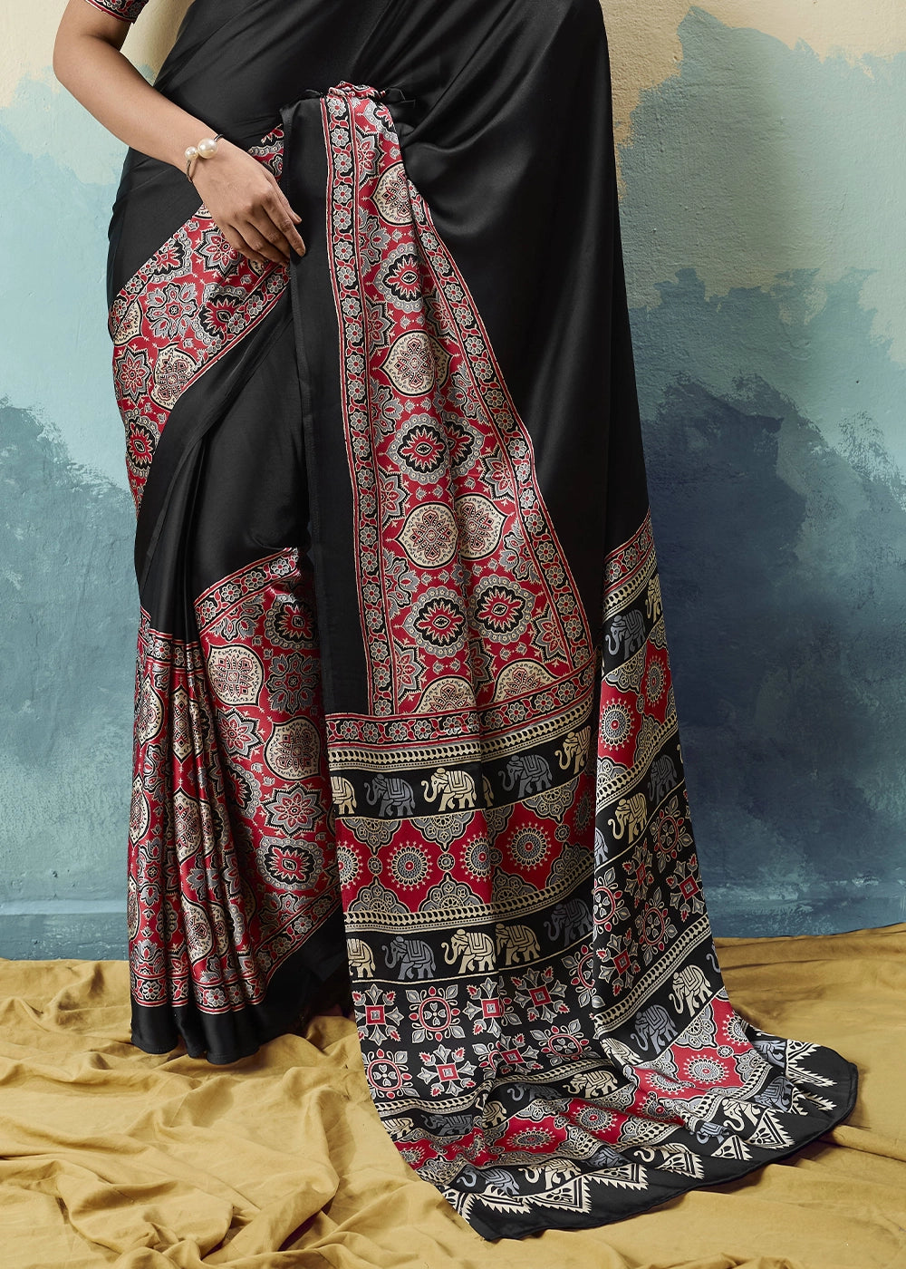 Black Modal Satin Ajrakh Print Saree