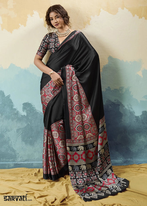 Black Modal Satin Ajrakh Print Saree