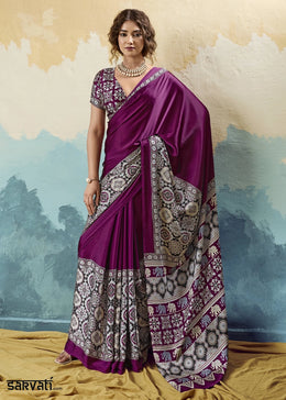 Purple Modal Satin Ajrakh Print Saree