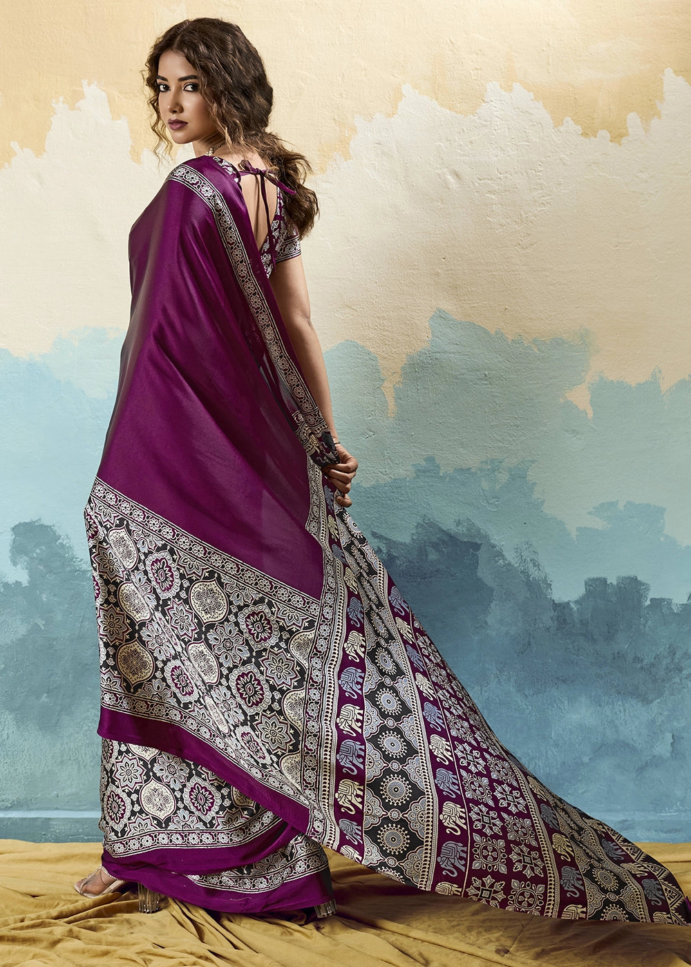 Purple Modal Satin Ajrakh Print Saree