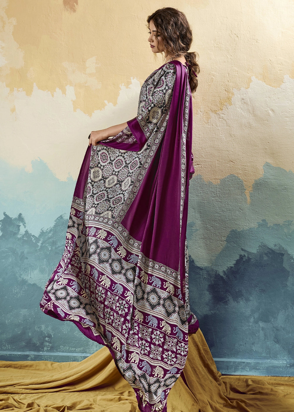 Purple Modal Satin Ajrakh Print Saree