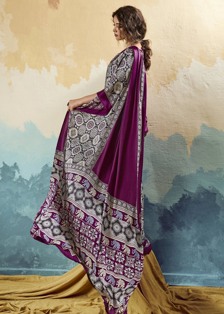 Purple Modal Satin Ajrakh Print Saree