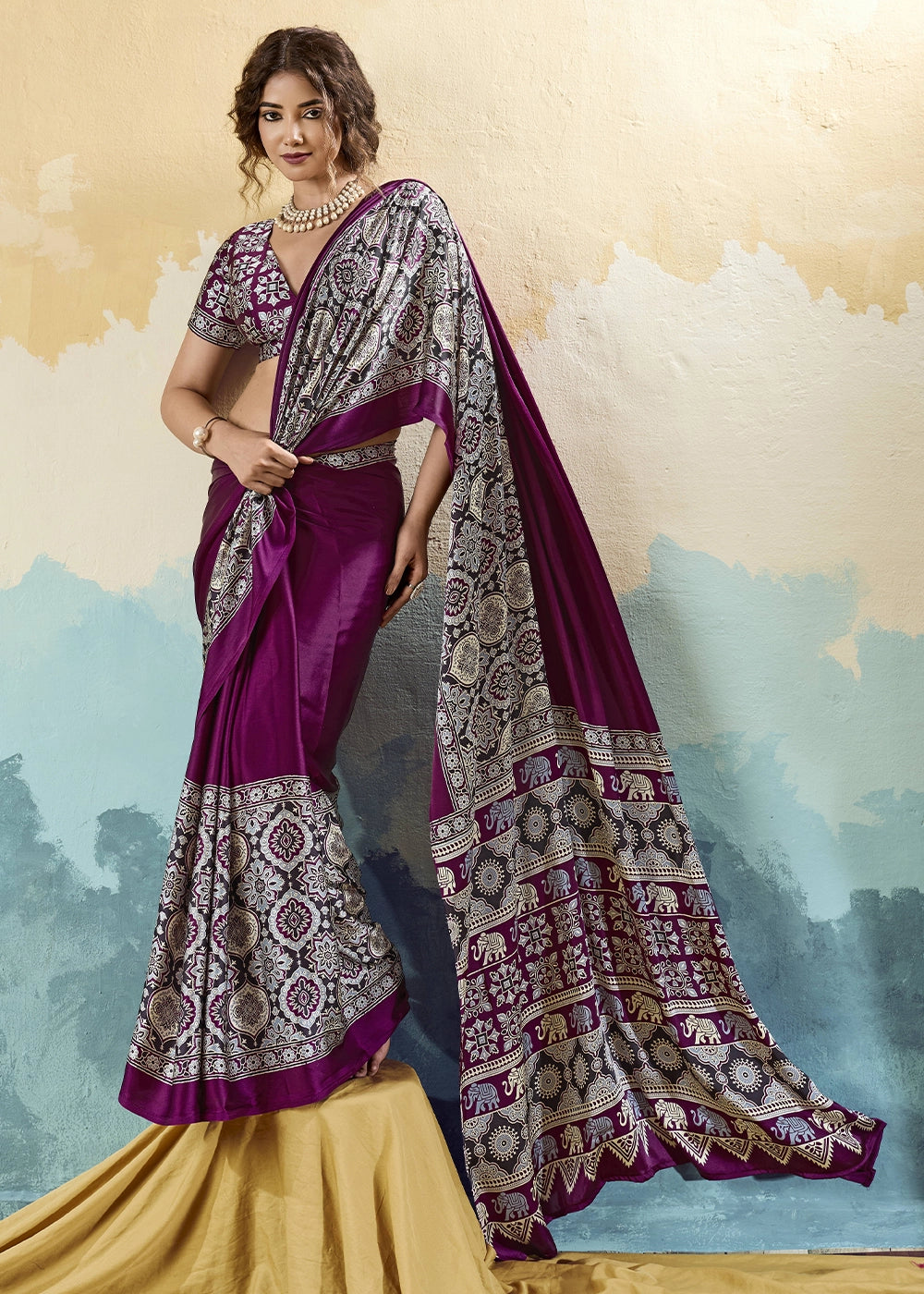 Purple Modal Satin Ajrakh Print Saree