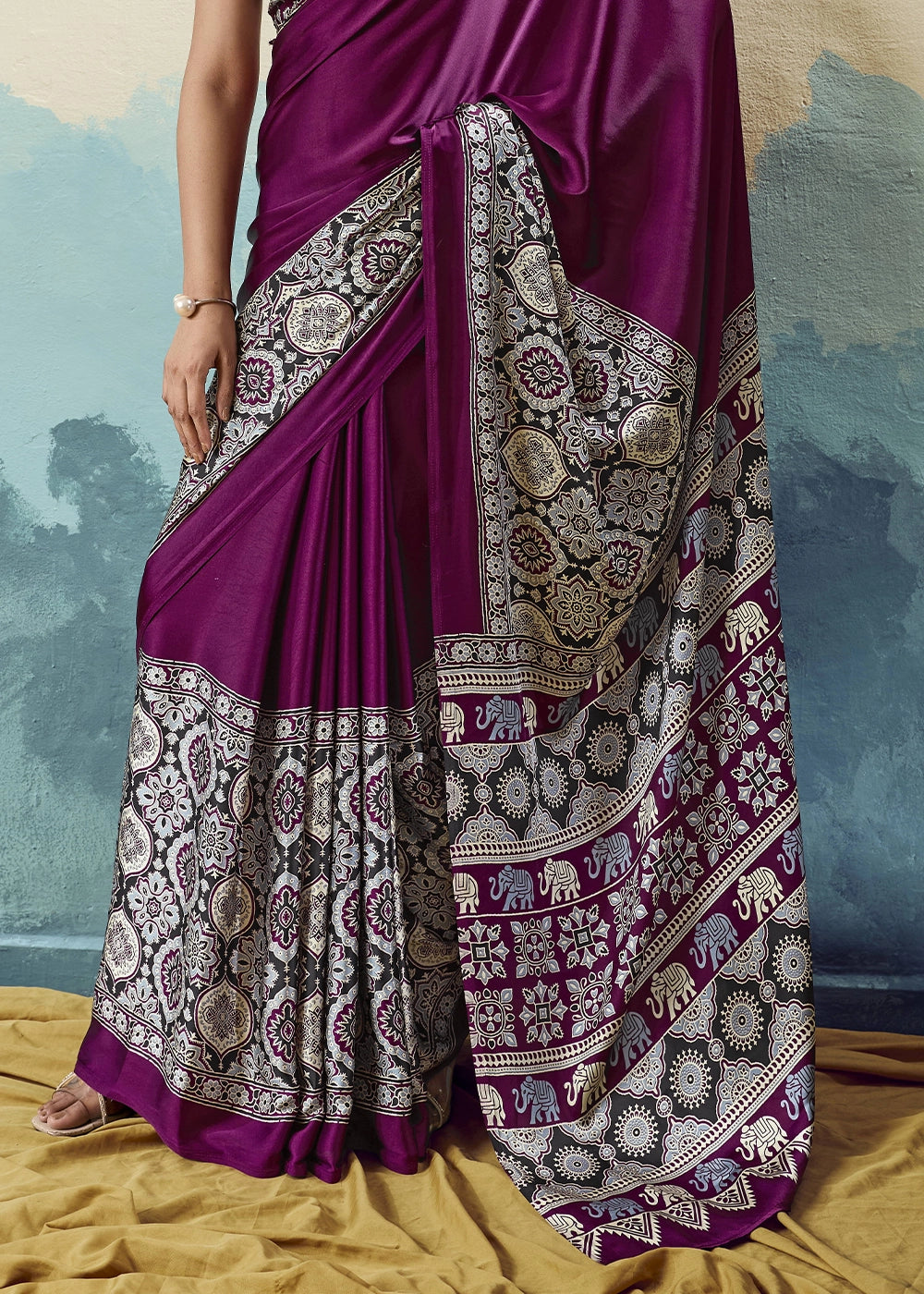Purple Modal Satin Ajrakh Print Saree