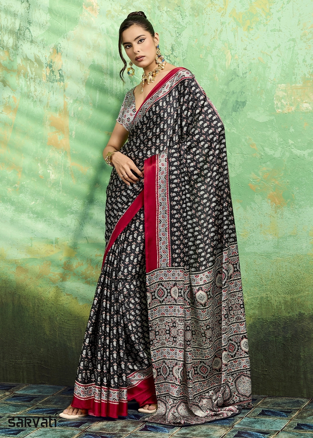 Charcoal Black Modal Satin Ajrakh Print Saree