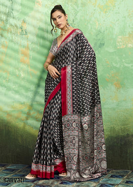 Charcoal Black Modal Satin Ajrakh Print Saree