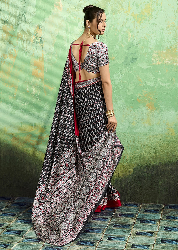 Charcoal Black Modal Satin Ajrakh Print Saree