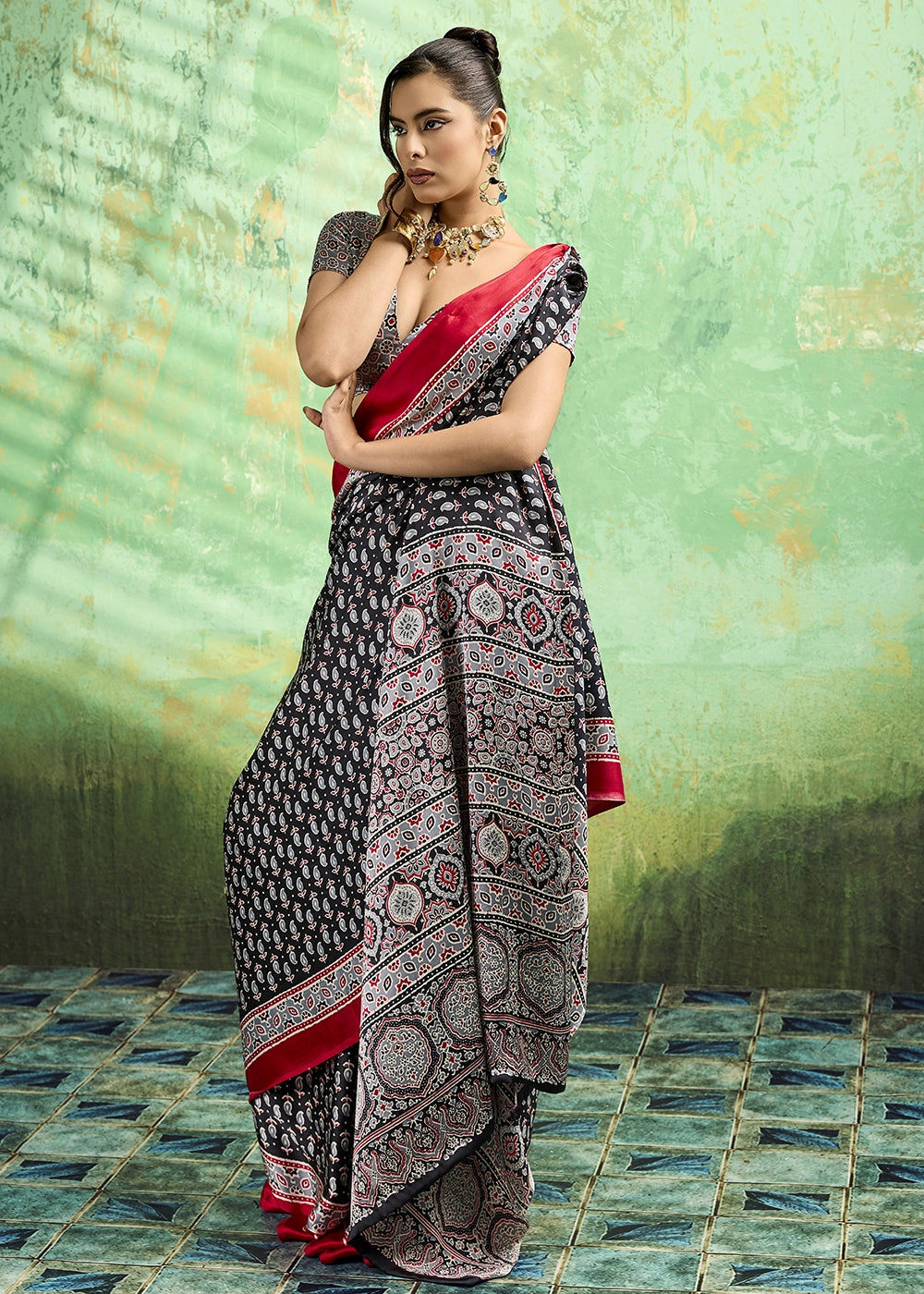 Charcoal Black Modal Satin Ajrakh Print Saree