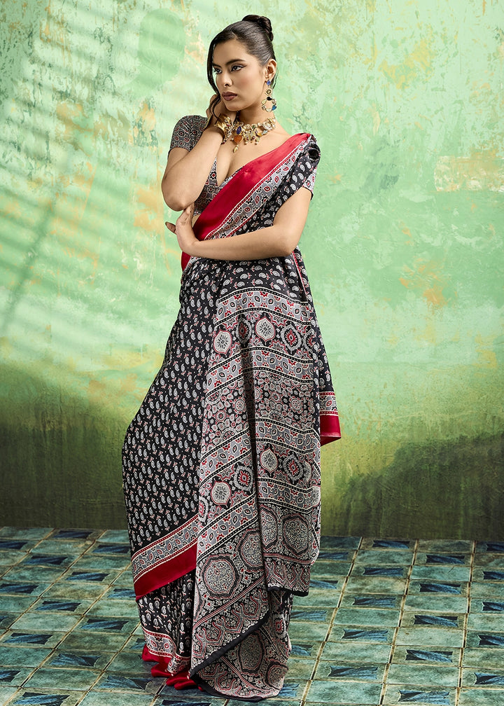 Charcoal Black Modal Satin Ajrakh Print Saree