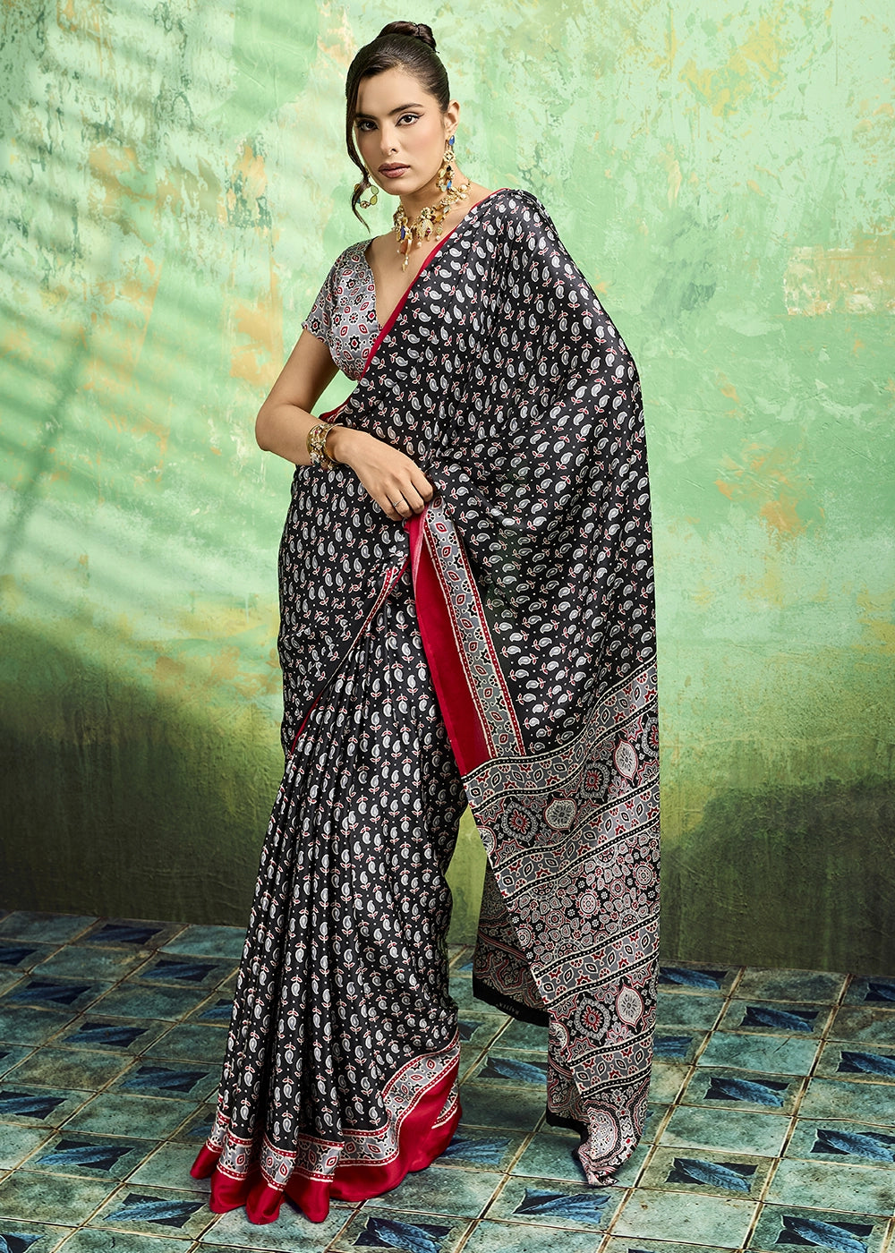 Charcoal Black Modal Satin Ajrakh Print Saree