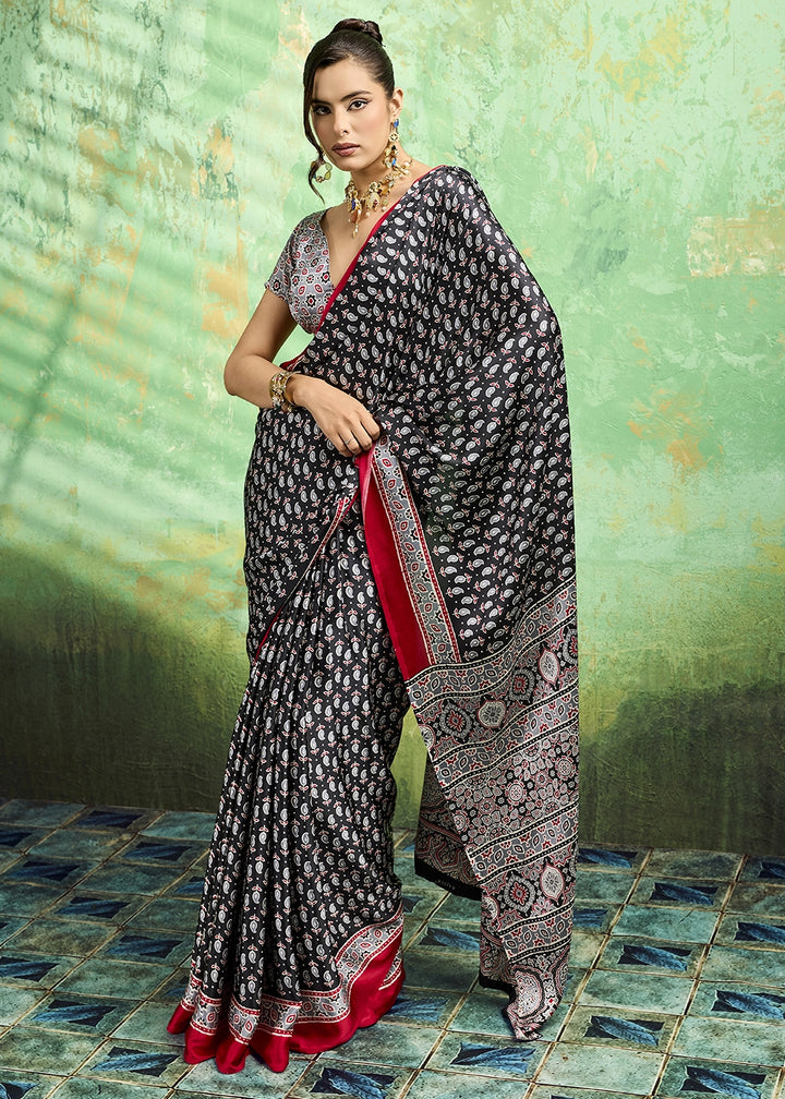 Charcoal Black Modal Satin Ajrakh Print Saree