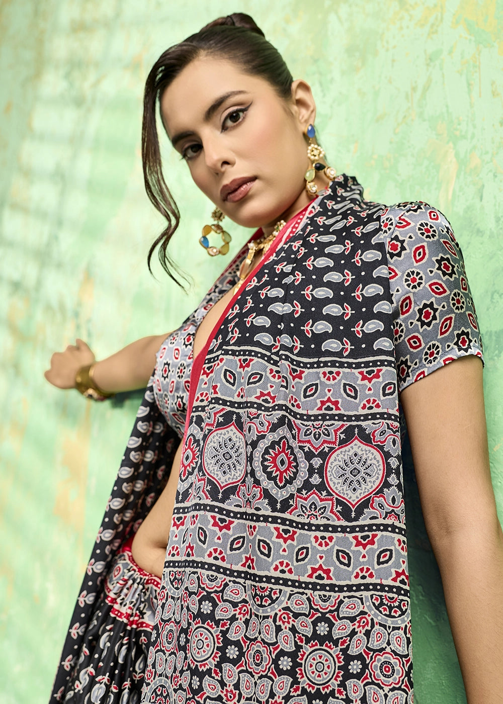 Charcoal Black Modal Satin Ajrakh Print Saree