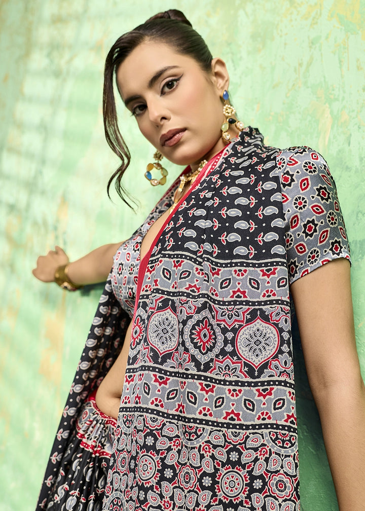 Charcoal Black Modal Satin Ajrakh Print Saree